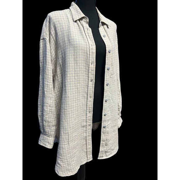 Poetry Plaid ButtonUp Shirt WOMEN LG Oversized Beige Blue Plaid Coastal normcore - Picture 2 of 8